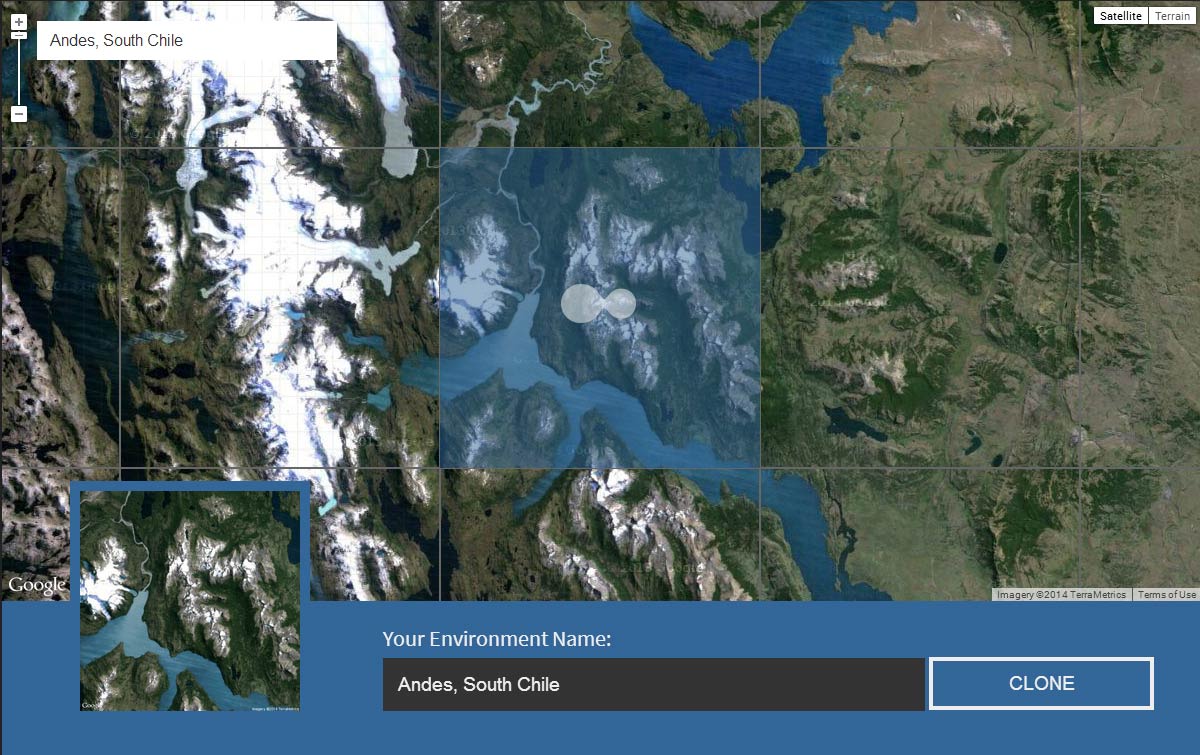 A UI with a satellite map split up into square tiles; one of which is selected.