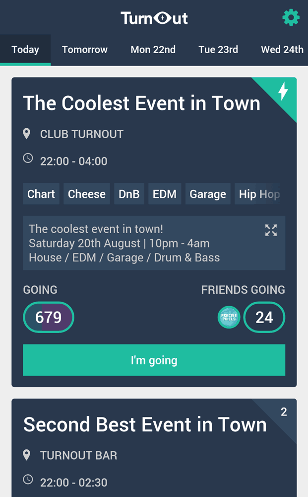 UI displaying a list of events. Each event contains the title, location, times, music genres, description and attendees. At the top, there are tabs to view events for the next seven days.