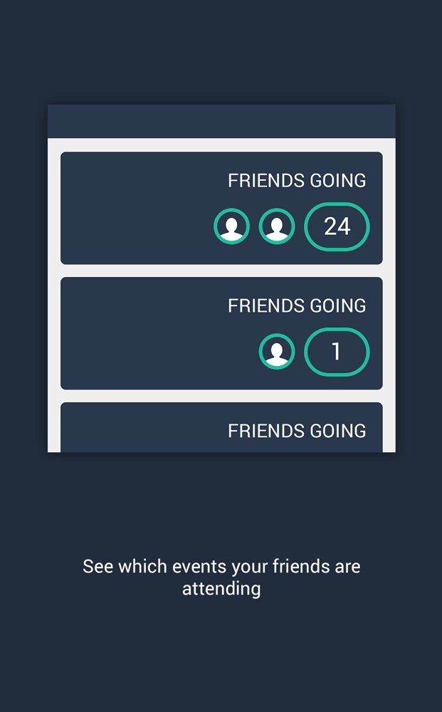 Mockup of the component showing how many and which of the user's friends are attending, with text 'See which events your friends are attending'.