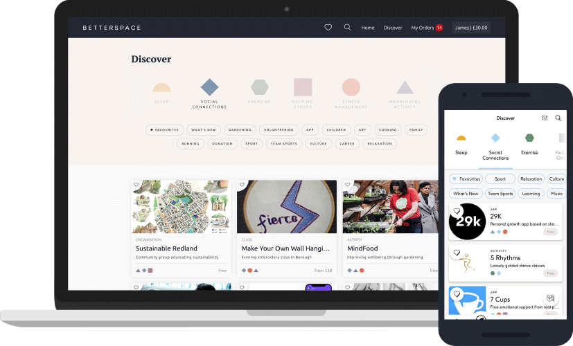 Screenshots of the employee marketplace UI on both desktop and mobile.