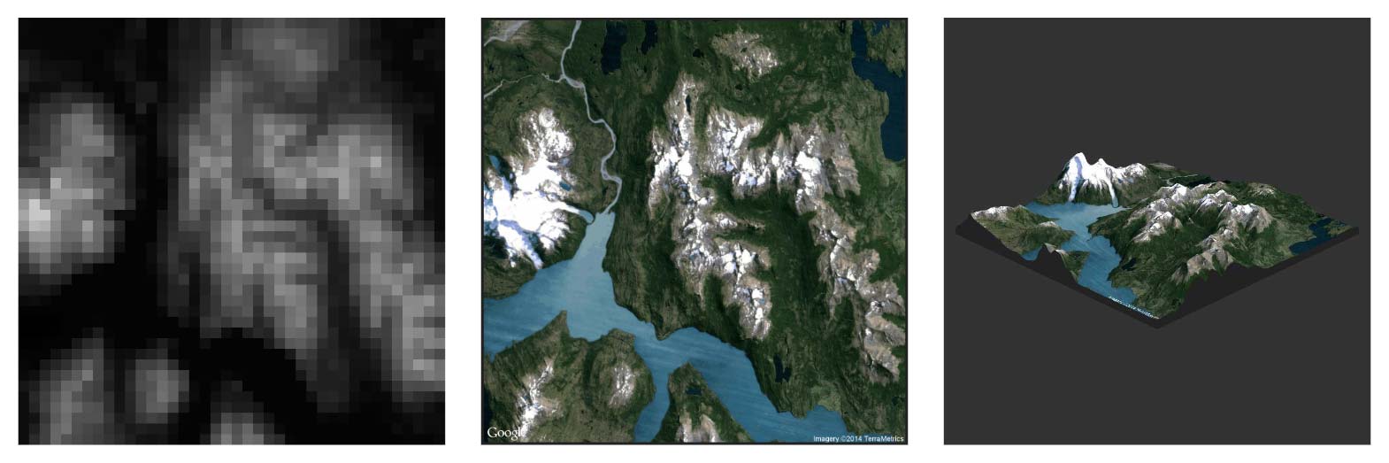 A row of three images: a black and white pixellated height map, a colour satellite image and a 3D model showing the amalgamation of the previous two.