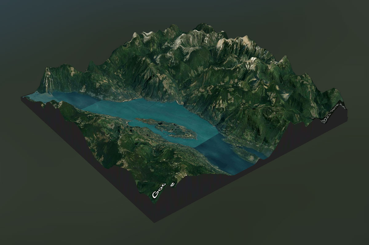 3D model of a mountain range with a river running through it