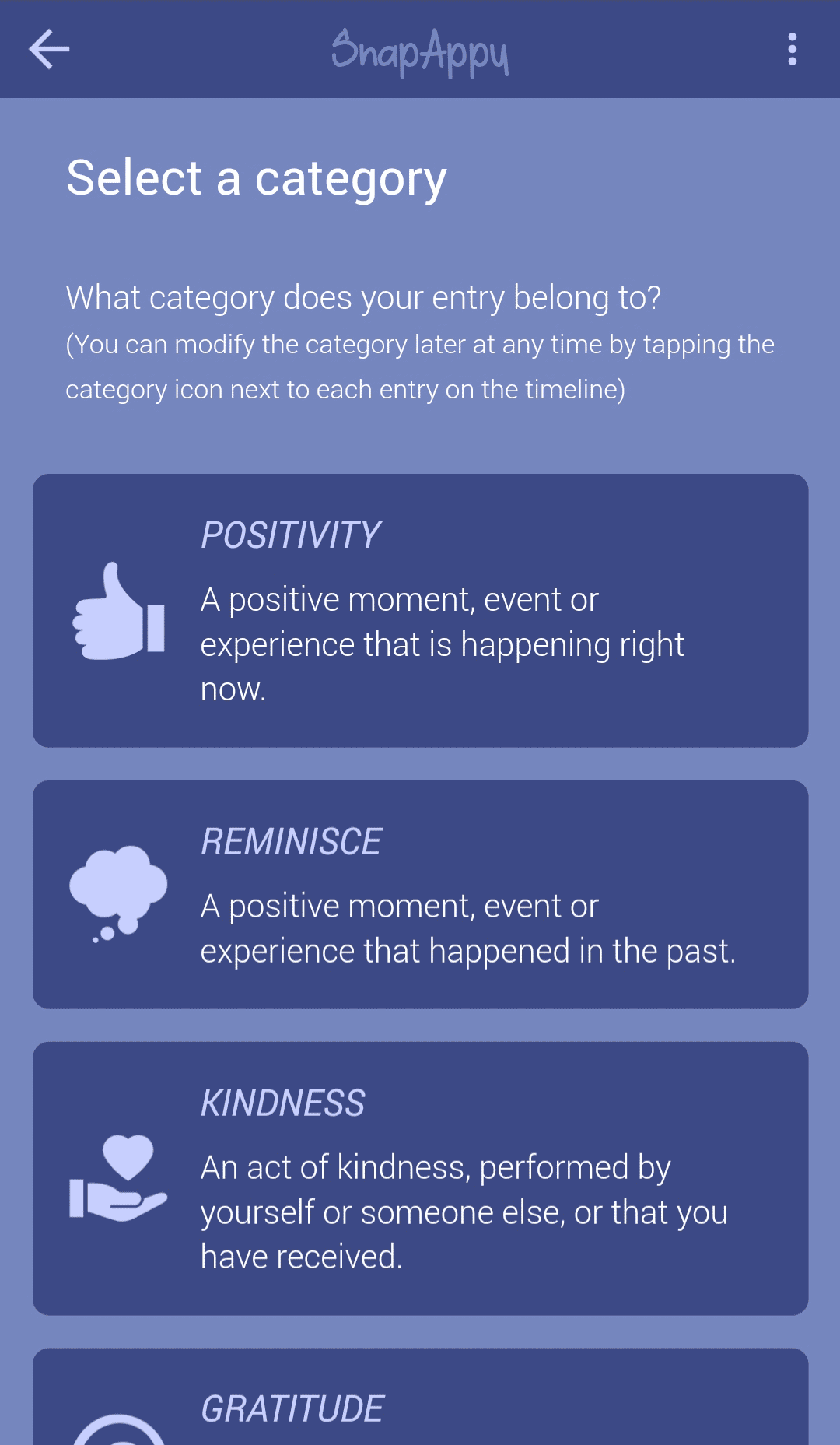 Buttons are displayed which contain each category and a short description as to what they mean.