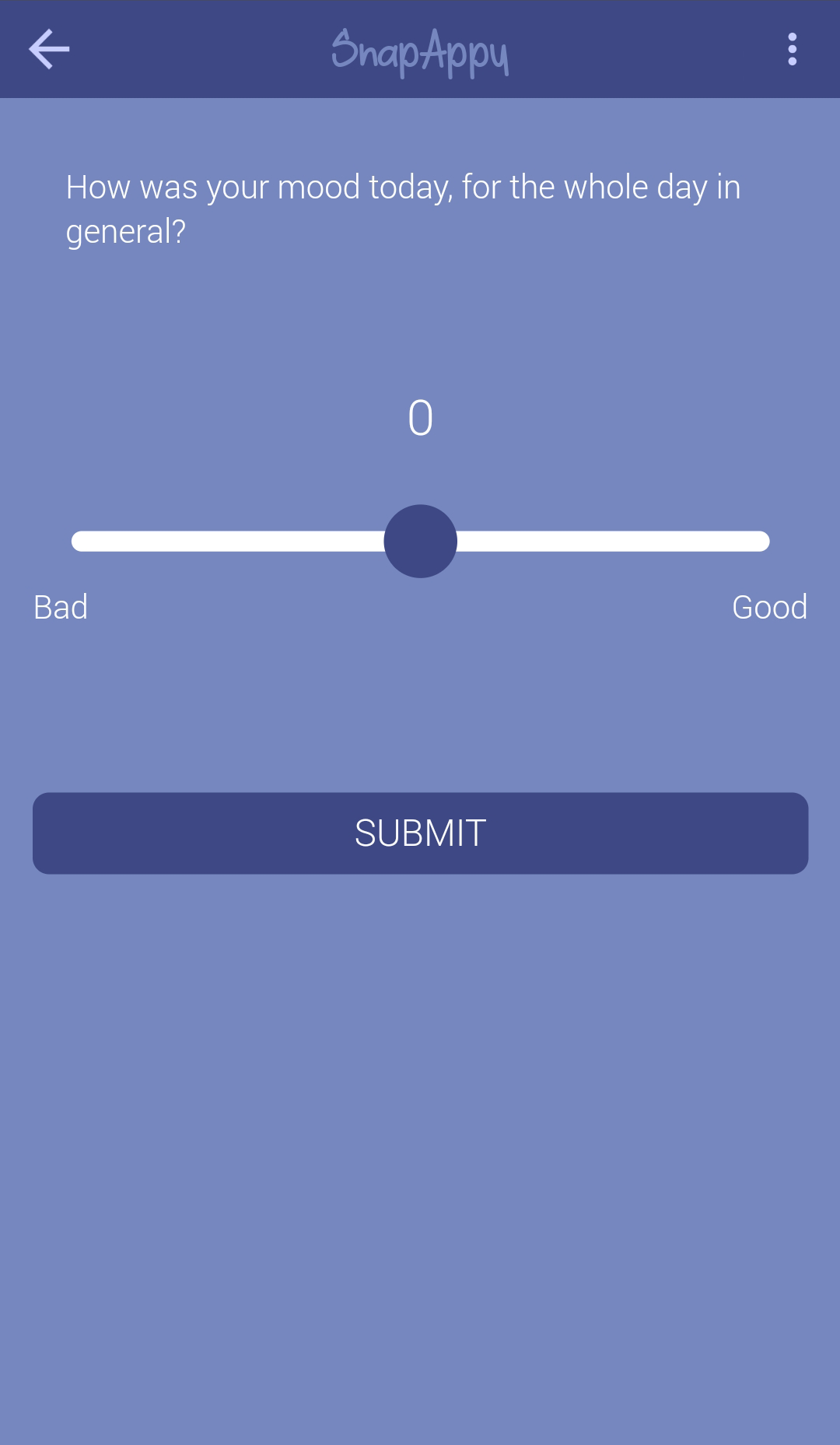 A slider with labels 'Bad' and 'Good' for the user to log their mood score.