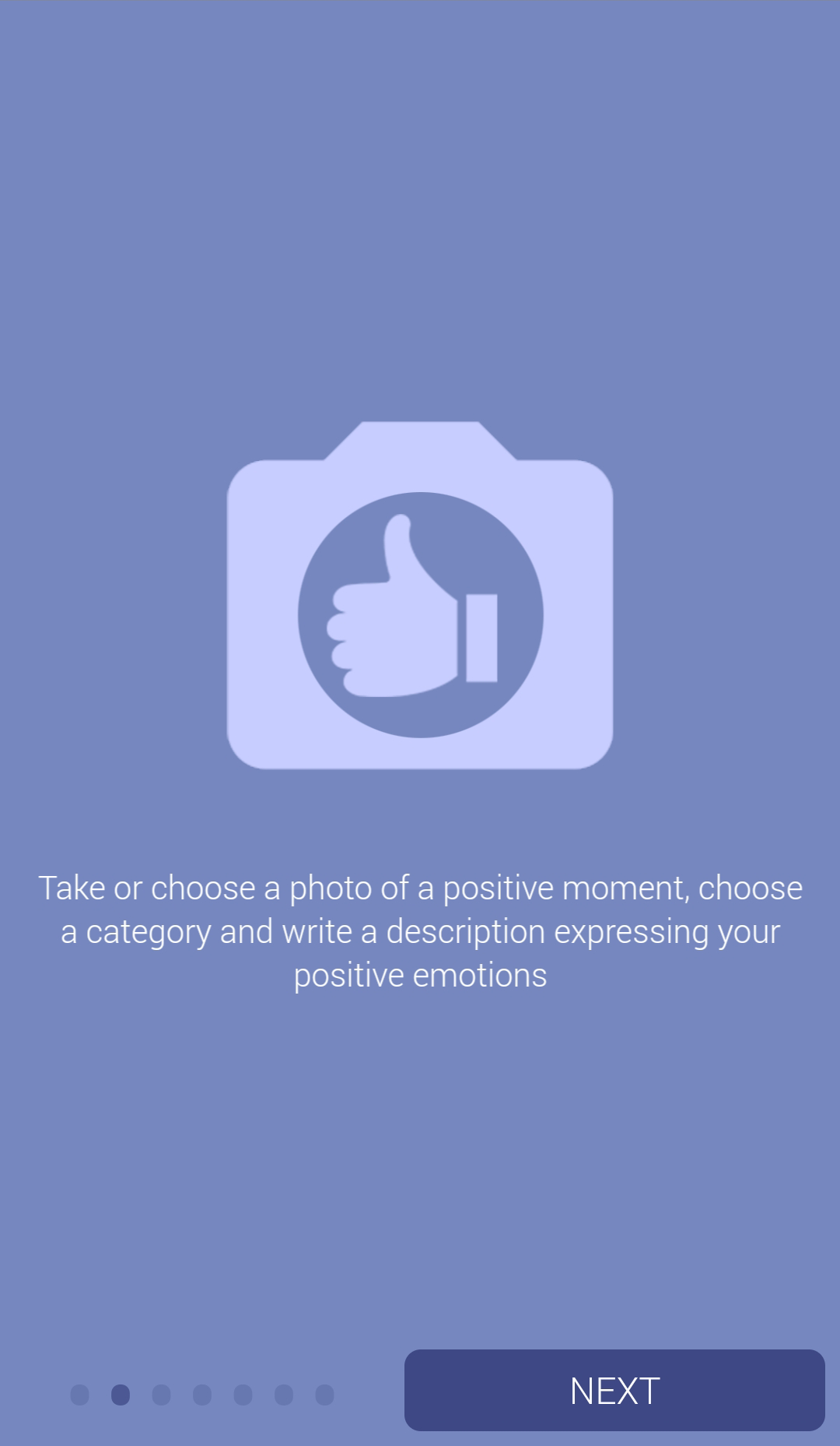 Onboarding screen with text: 'Take or choose a photo of a positive moment, choose a category and write a description expressing your positive emotions.'.
