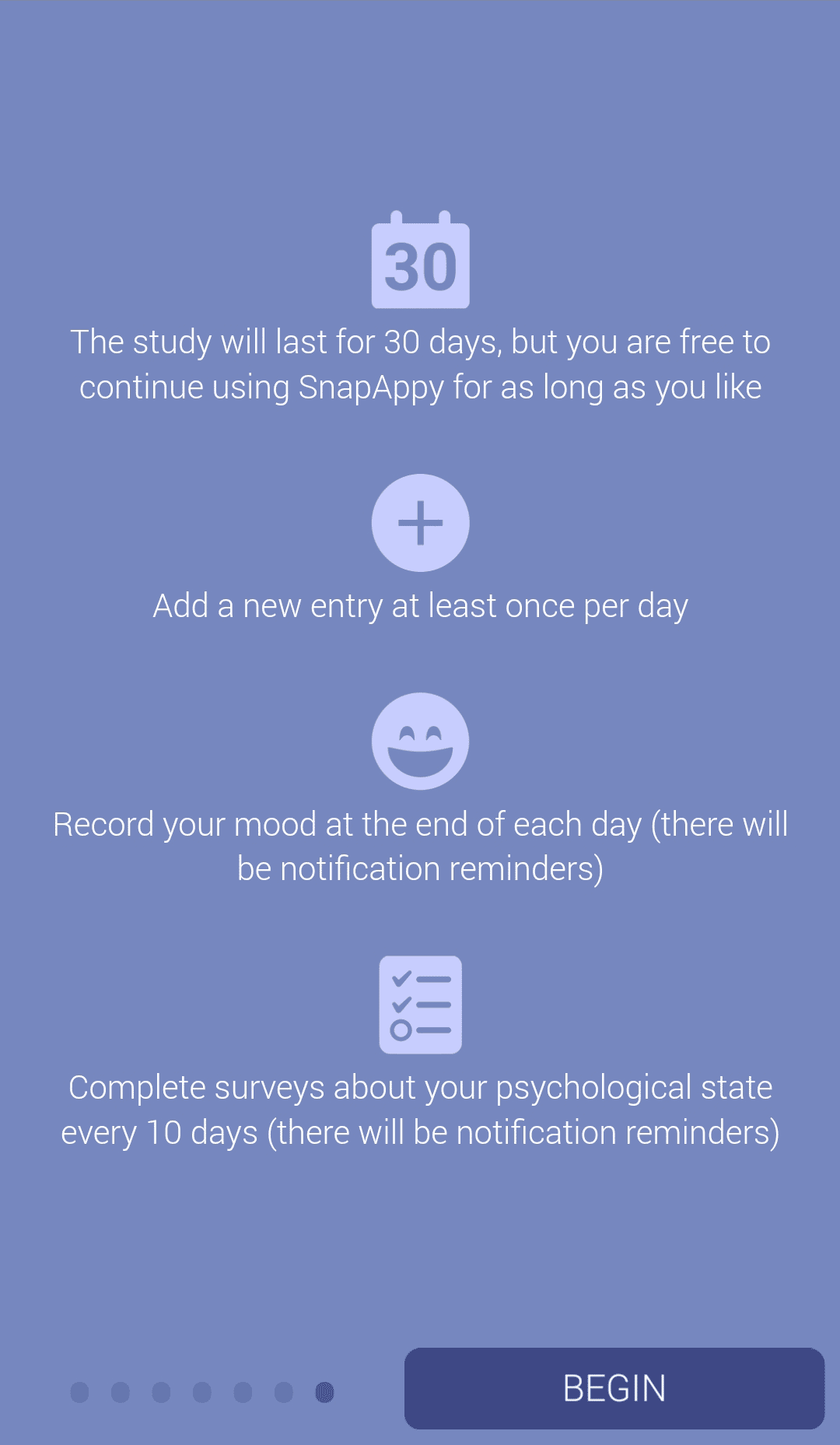 Onboarding screen with text: '1. The study will last for 30 days, but you are free to continue using SnapAppy for as long as you like. 2. Add a new entry at least once per day. 3. Record your mood at the end of each day (there will be notification reminders). 4. Complete surveys about your psychological state every 10 days (there will be notification reminders).'