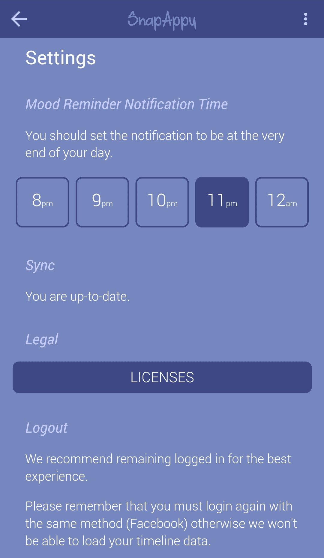 Settings screen with buttons from 8pm to 12am to change the notification time.