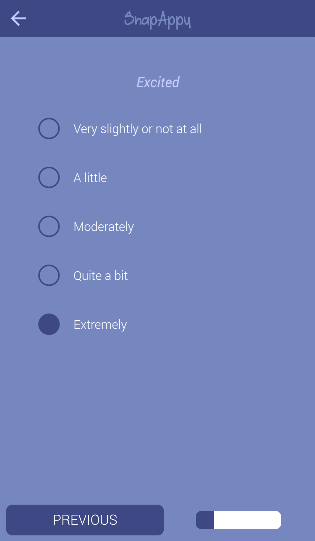 A survey question relating to affective state with five radio button answers.
