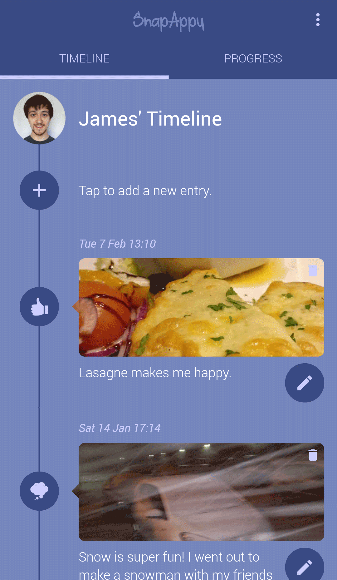 A timeline layout with each entry displayed vertically. Each entry contains the photo, description, date and category.