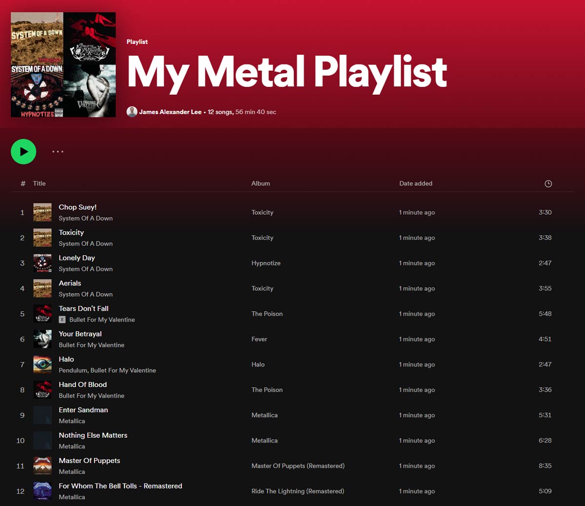 A playlist on Spotify containing songs from the three artists selected in the previous image.