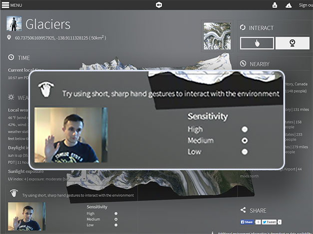 Screenshot of the UI instructing the user how to gesture at their webcam to rotate the 3D model. There is also an embedded image of a user gesturing with their hand.