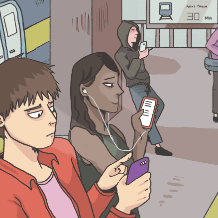Illustration of several people on a train platform looking at their phones.